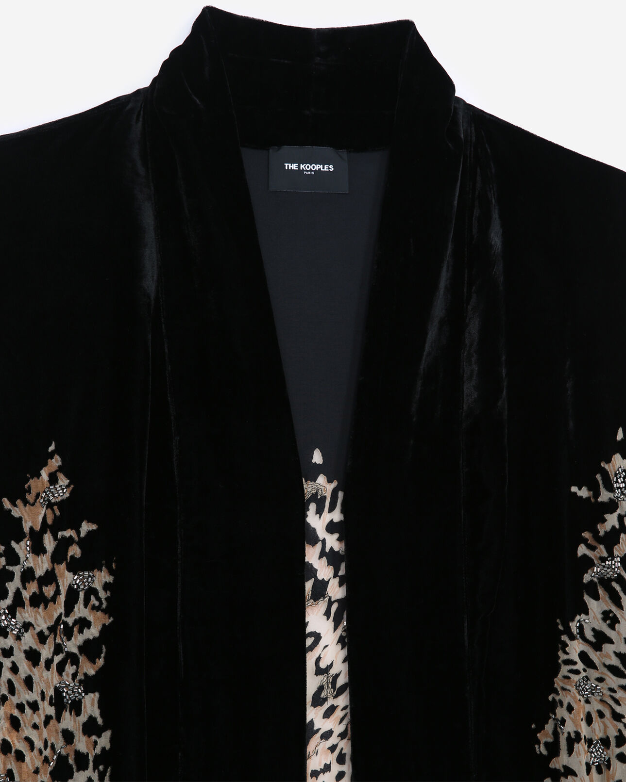 The Kooples FEMME BLACK kimono velours léopard perles brodées