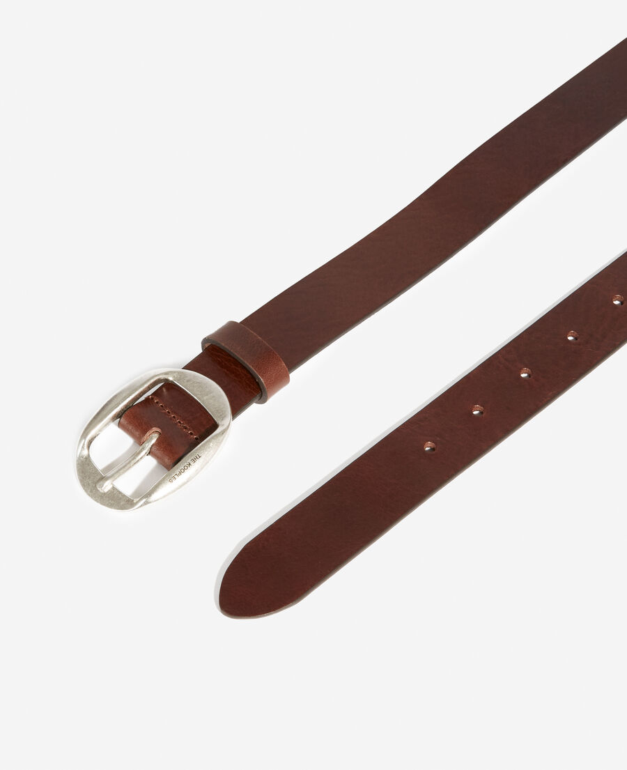 brown leather belt with oval buckle
