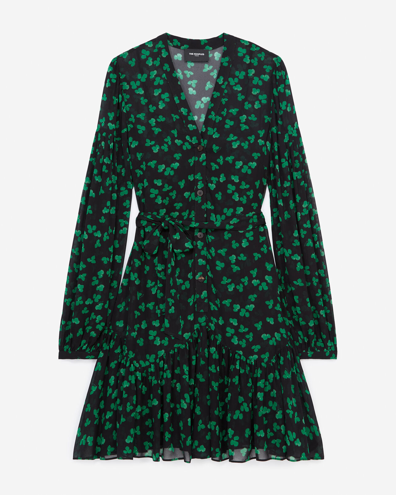 The Kooples WOMEN BLACK / GREEN short black dress with green pattern and belt