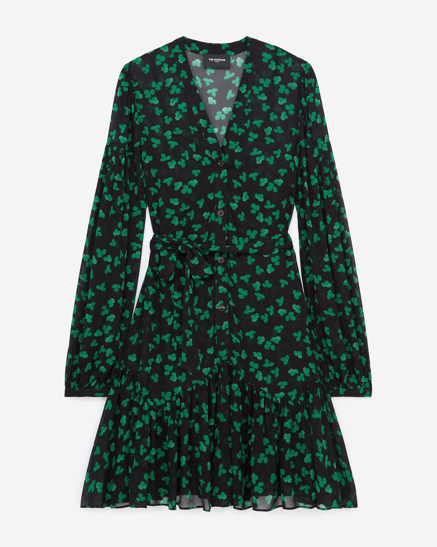 Short black dress with green pattern and belt, BLACK / GREEN, hi-res image number null
