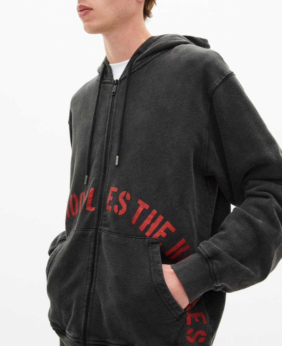 The Kooples MEN BLACK WASHED zipped sweatshirt with black silk-screen print