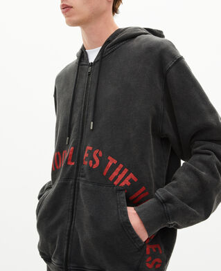 The Kooples MEN BLACK WASHED zipped sweatshirt with black silk-screen print