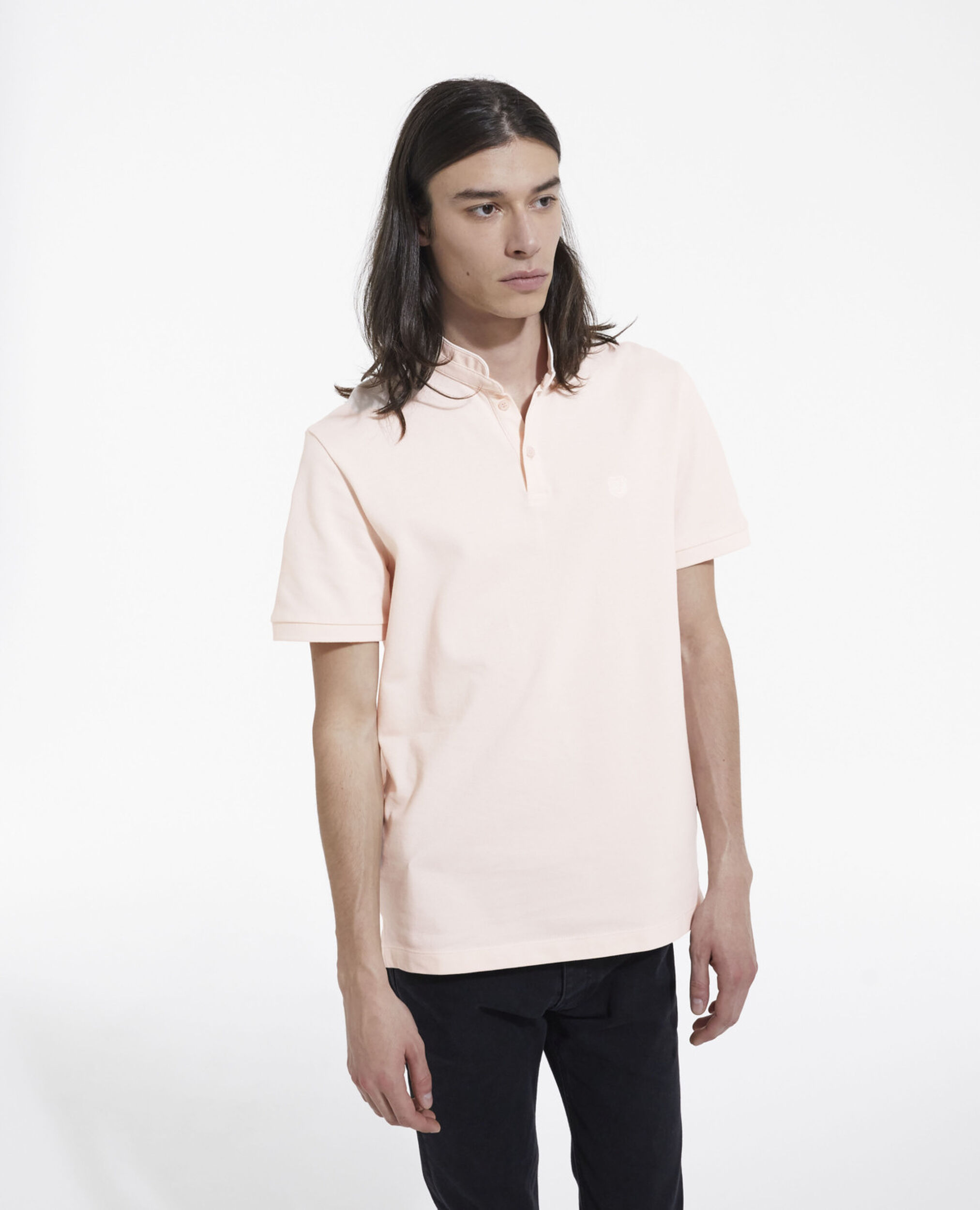 Embroidered pink polo w/ buttoned officer collar, PINK ECRU BLACK, hi-res image number null