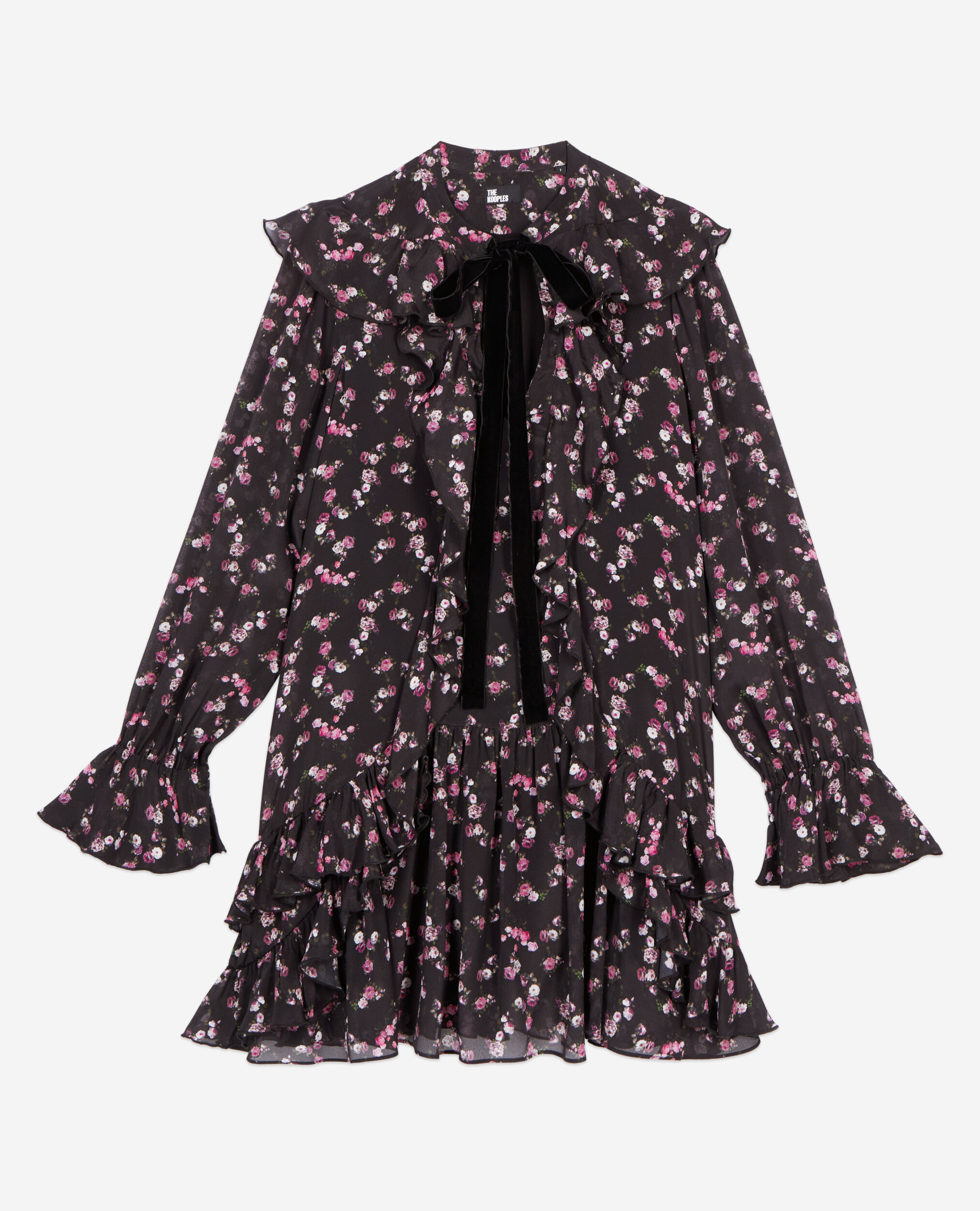 Vestido corto volantes estampado floral, BLACK, hi-res image number null