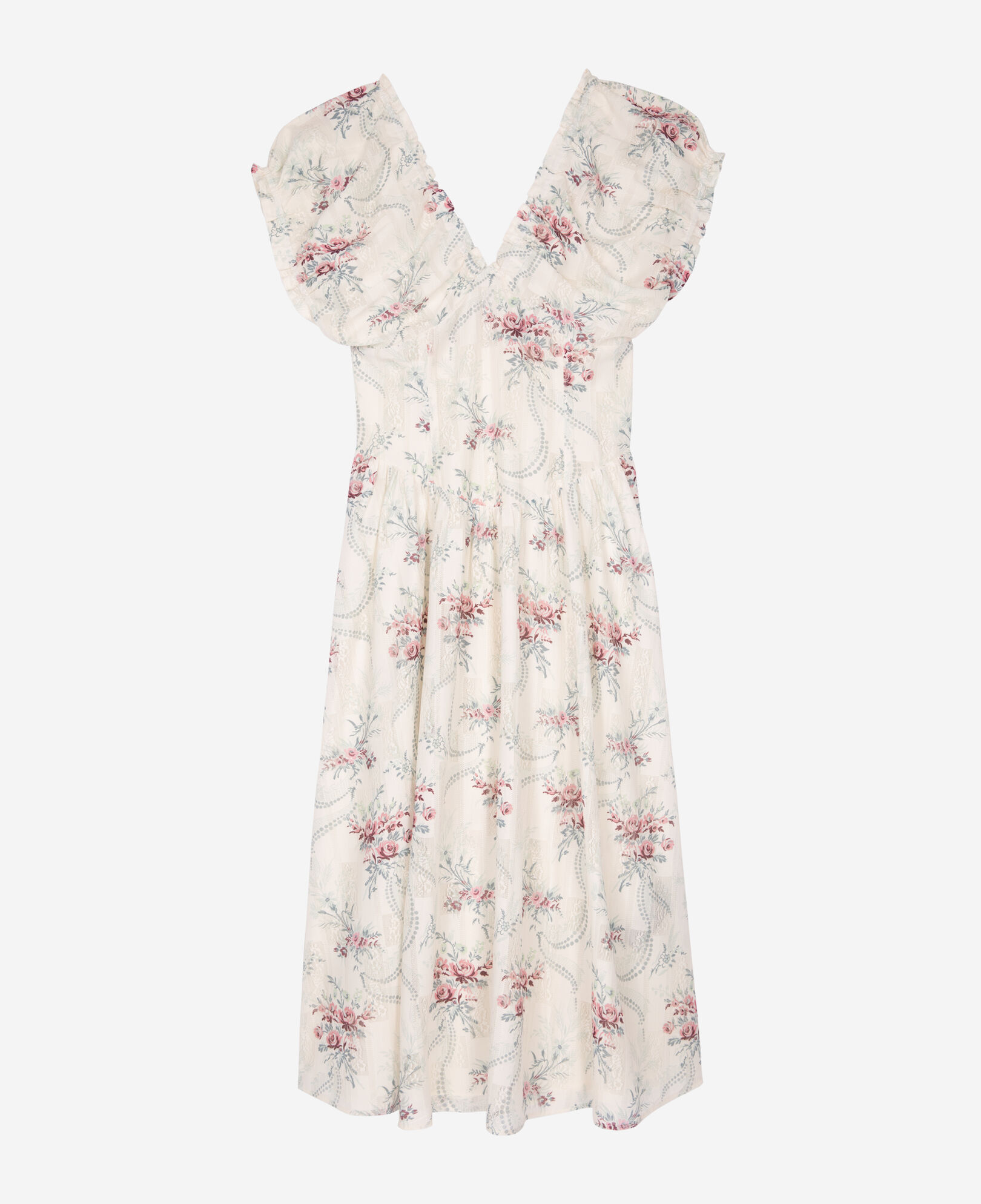 The Kooples WOMEN OFF WHITE / PINK long white 'antik flowers' print dress