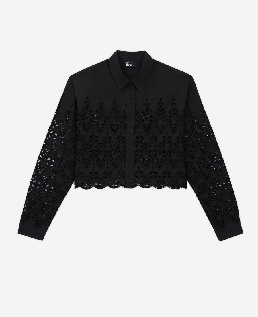 short black shirt with broderie anglaise 