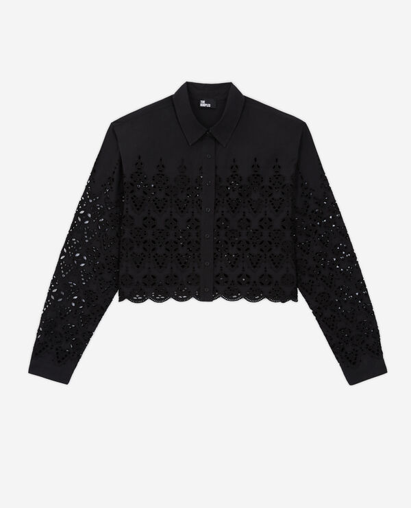 short black shirt with broderie anglaise 