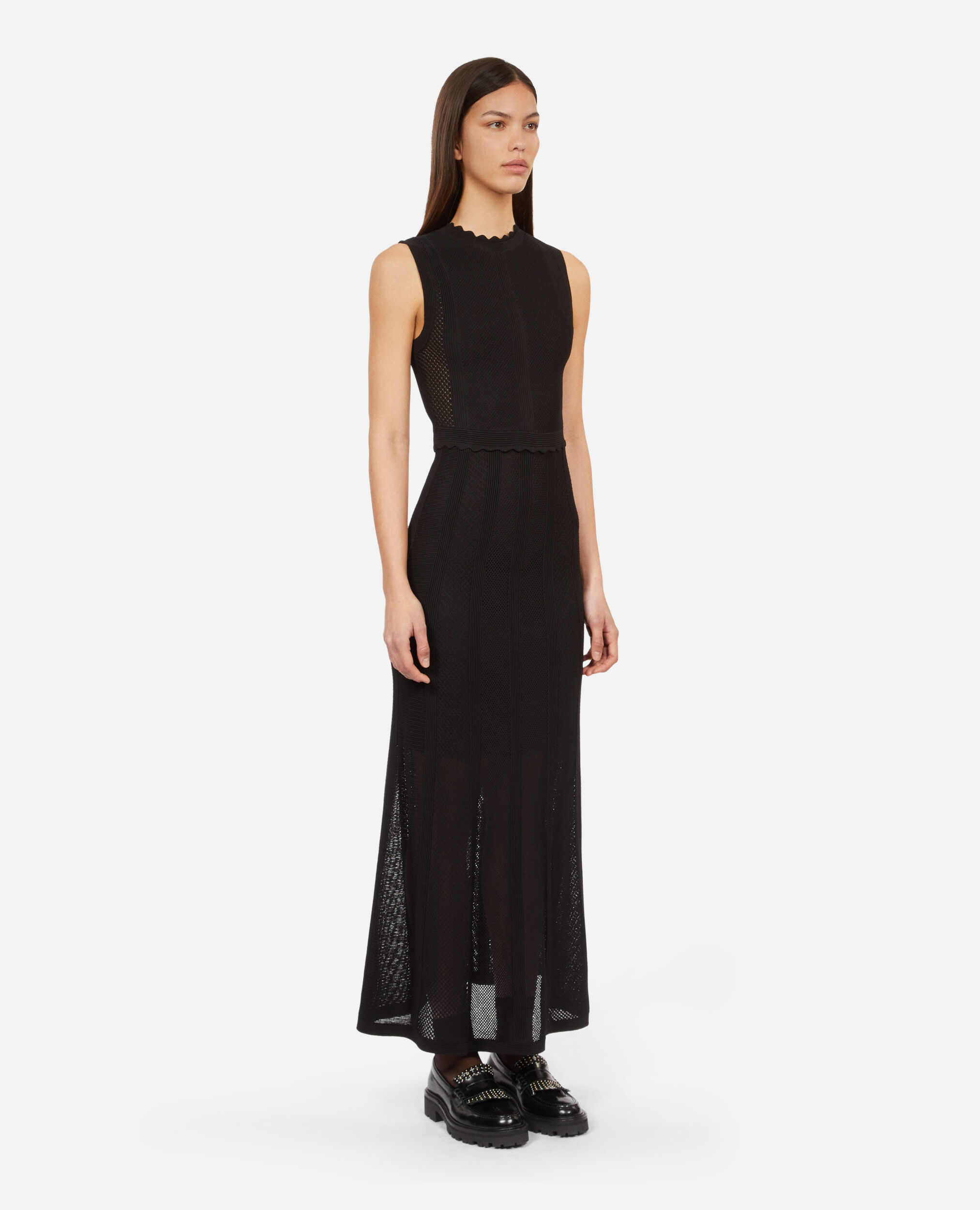Long black openwork knit dress, BLACK, hi-res image number null