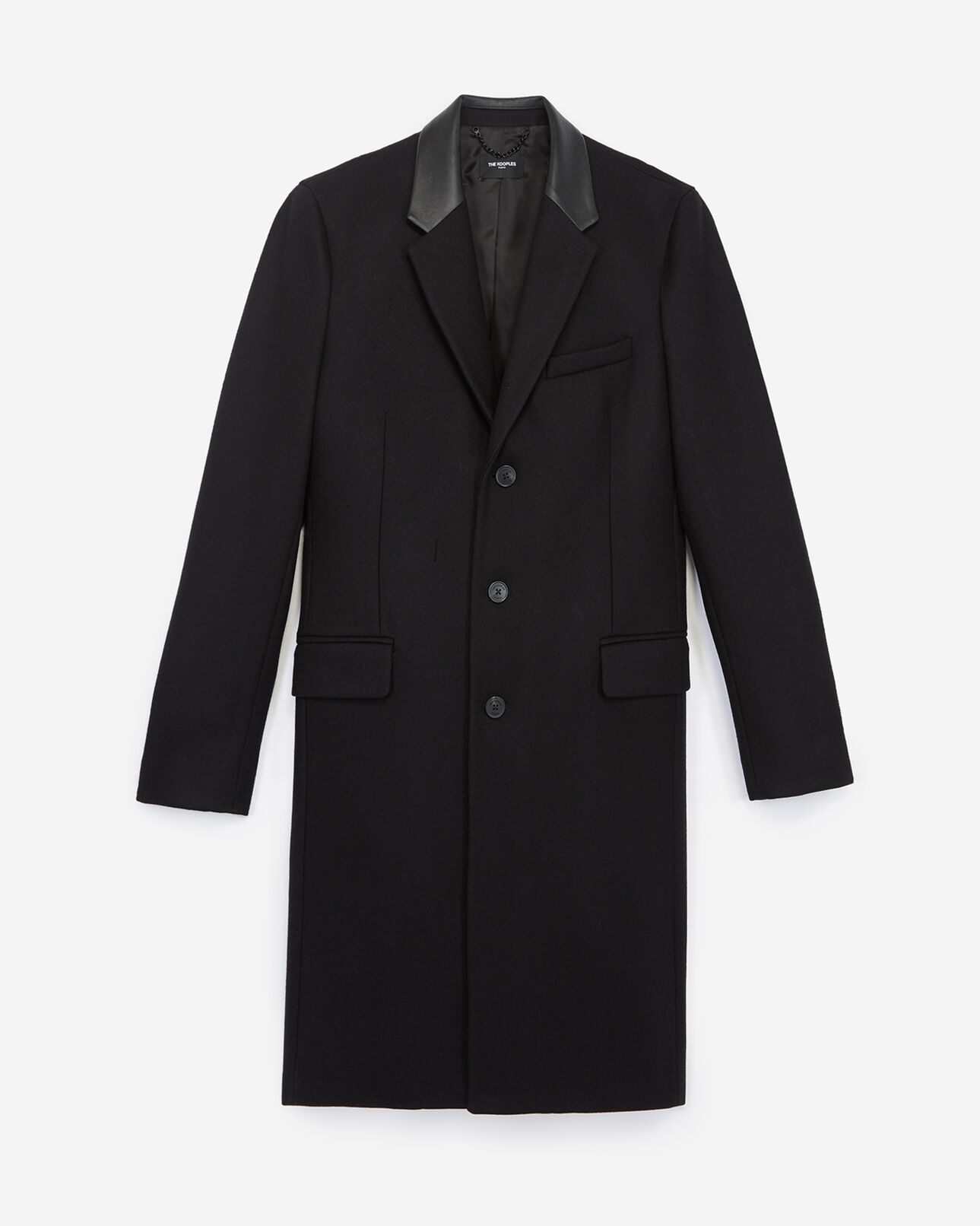The Kooples HOMME BLACK manteau noir laine long col revers cuir