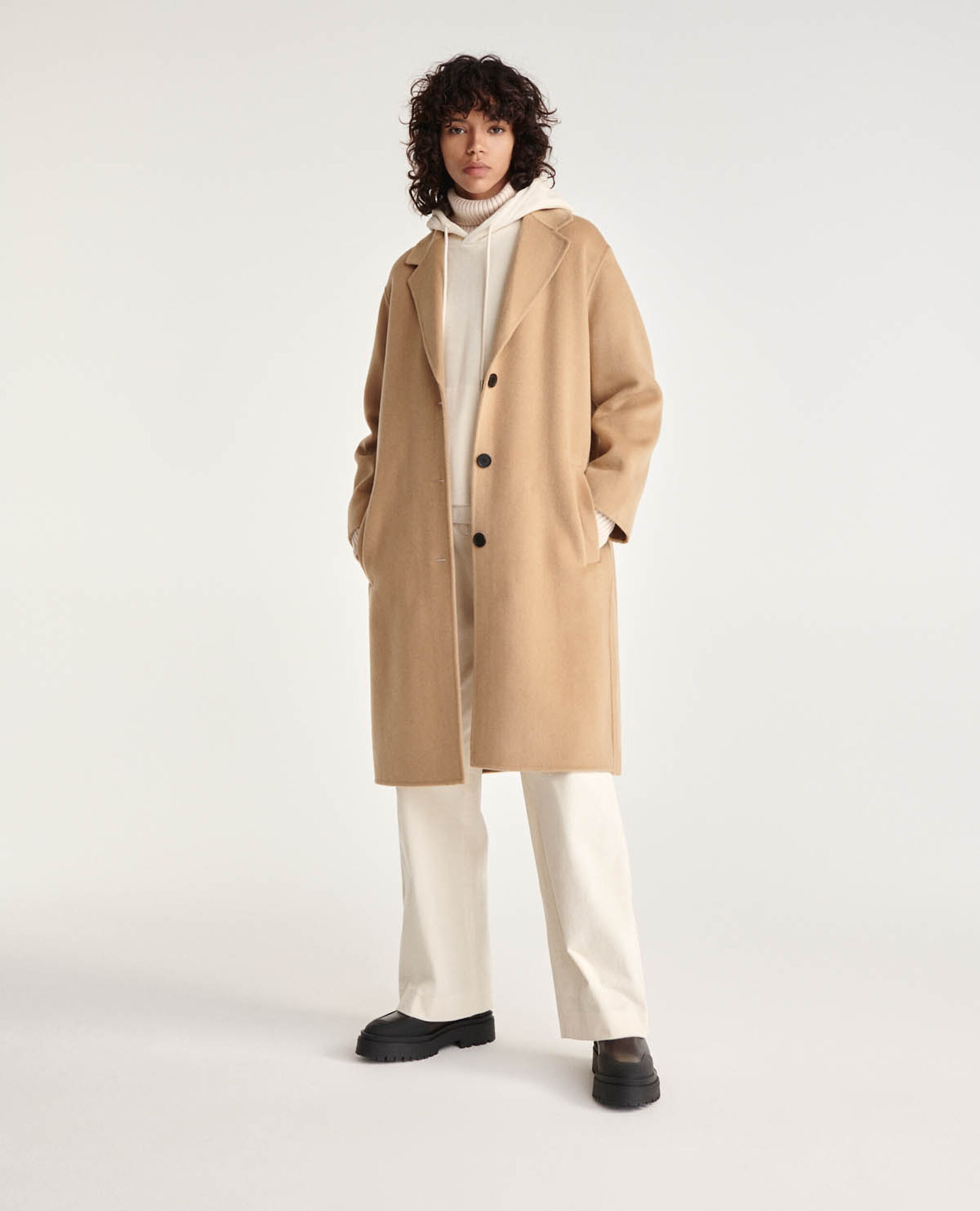 Double-faced button-up camel wool coat