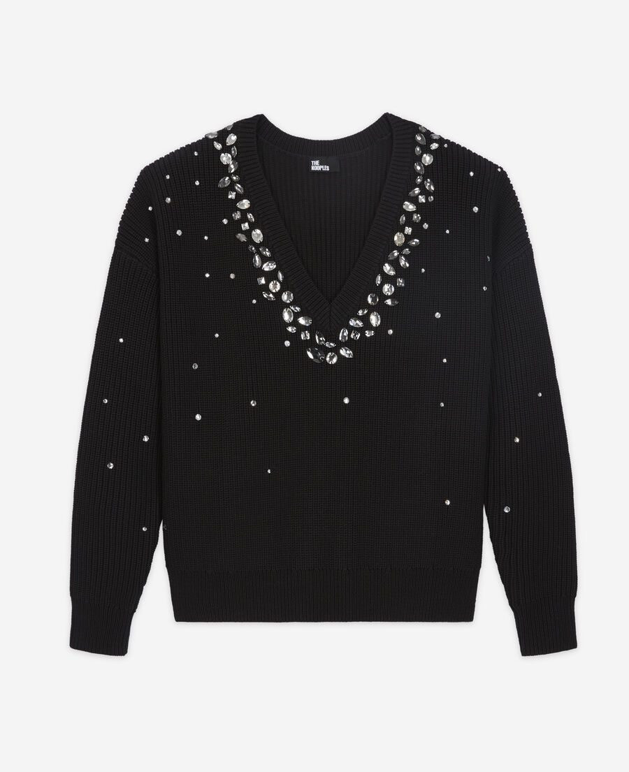 pull en laine détails pierres noir