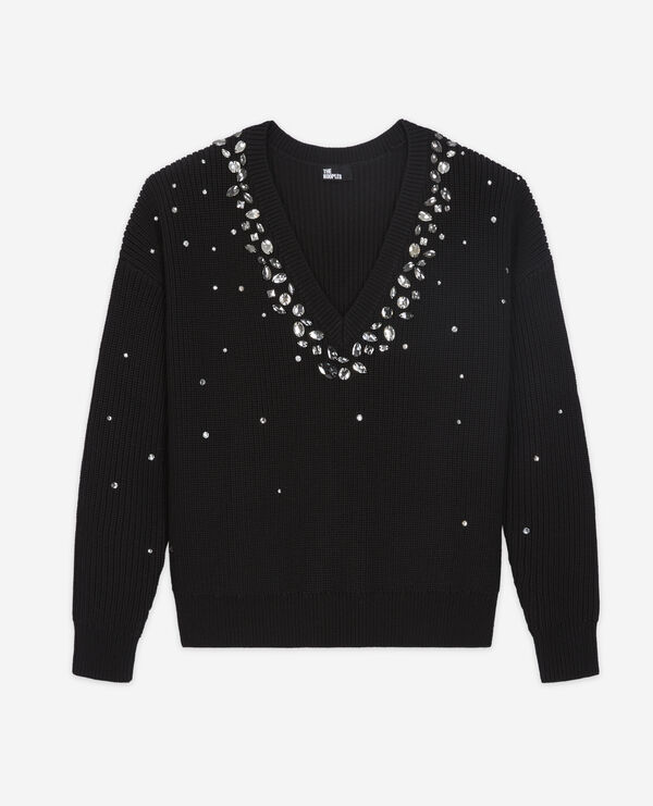 black wool jumper with stone details