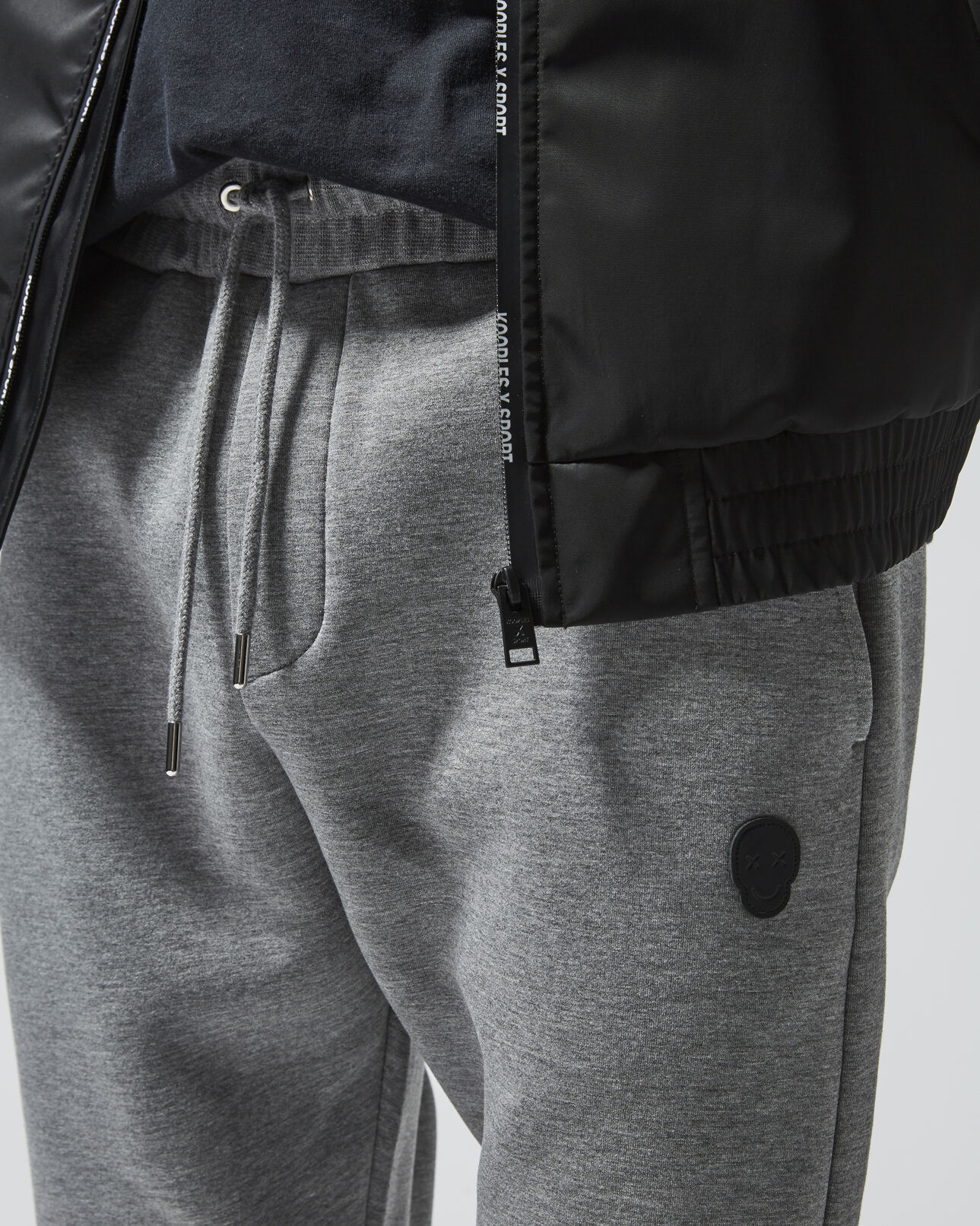 The Kooples MEN MIDDLE GREY MELANGE skinny heather grey joggers w/leather badge