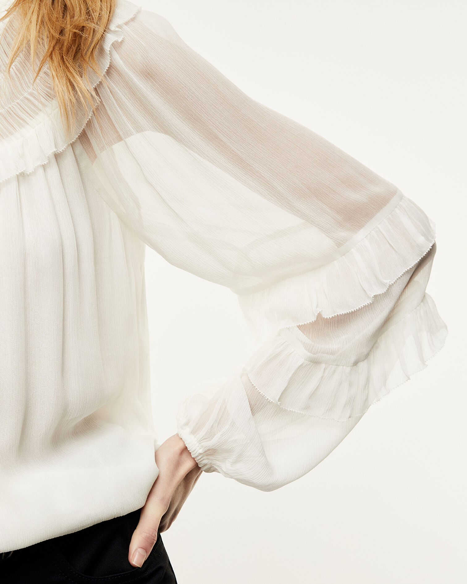 Flowing ecru shirt with smocked neck, ECRU, hi-res image number null