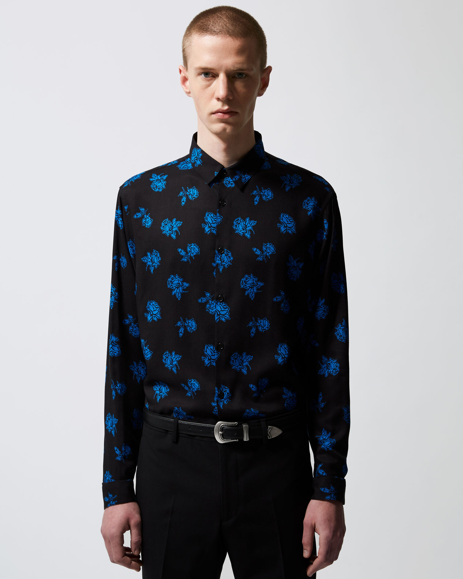 Black printed shirt with blue flowers, BLACK BLUE, hi-res image number null