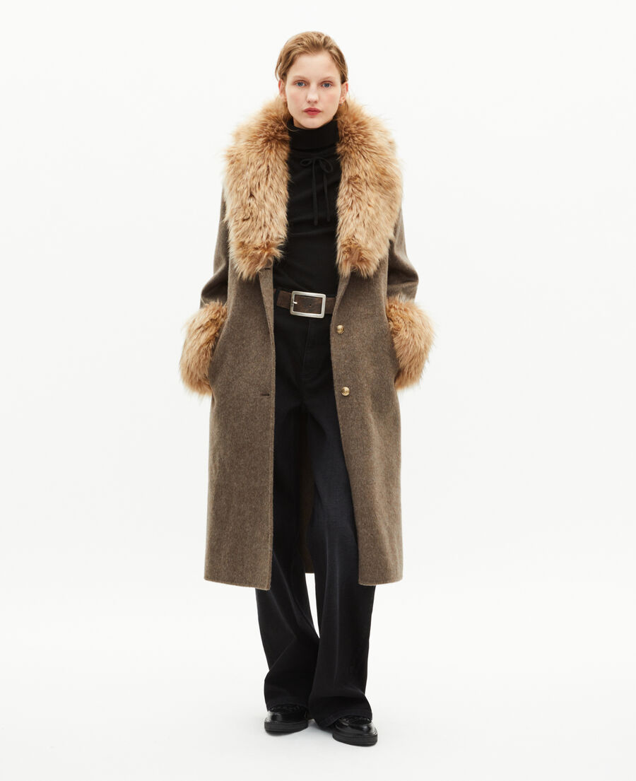 The Kooples F HAZELNUT long coat in double-faced wool and brown fur