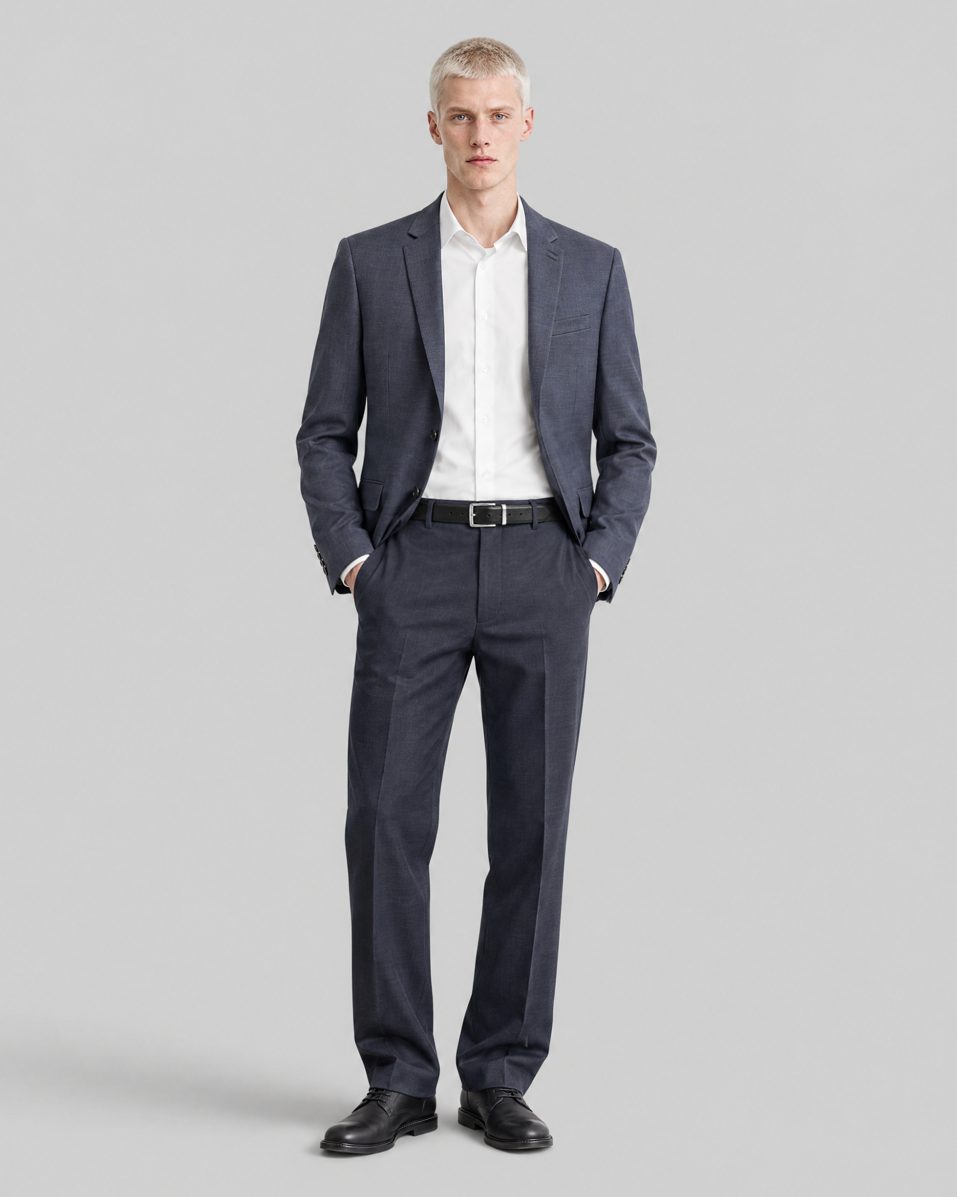 Fitted navy wool tartan suit jacket