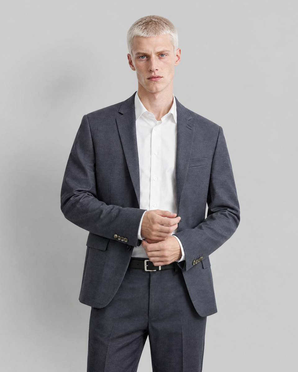 Fitted navy wool tartan suit jacket