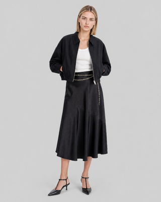 Satin midi skirt with a black and gold chain