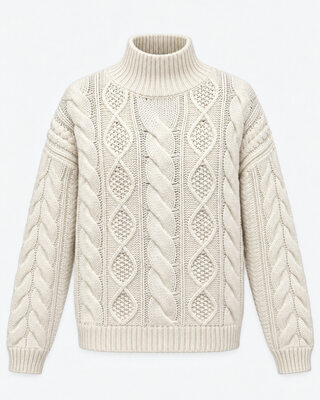 Ecru Merino Wool Cable-Knit Sweater