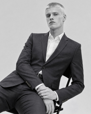 Fitted navy wool tartan suit jacket