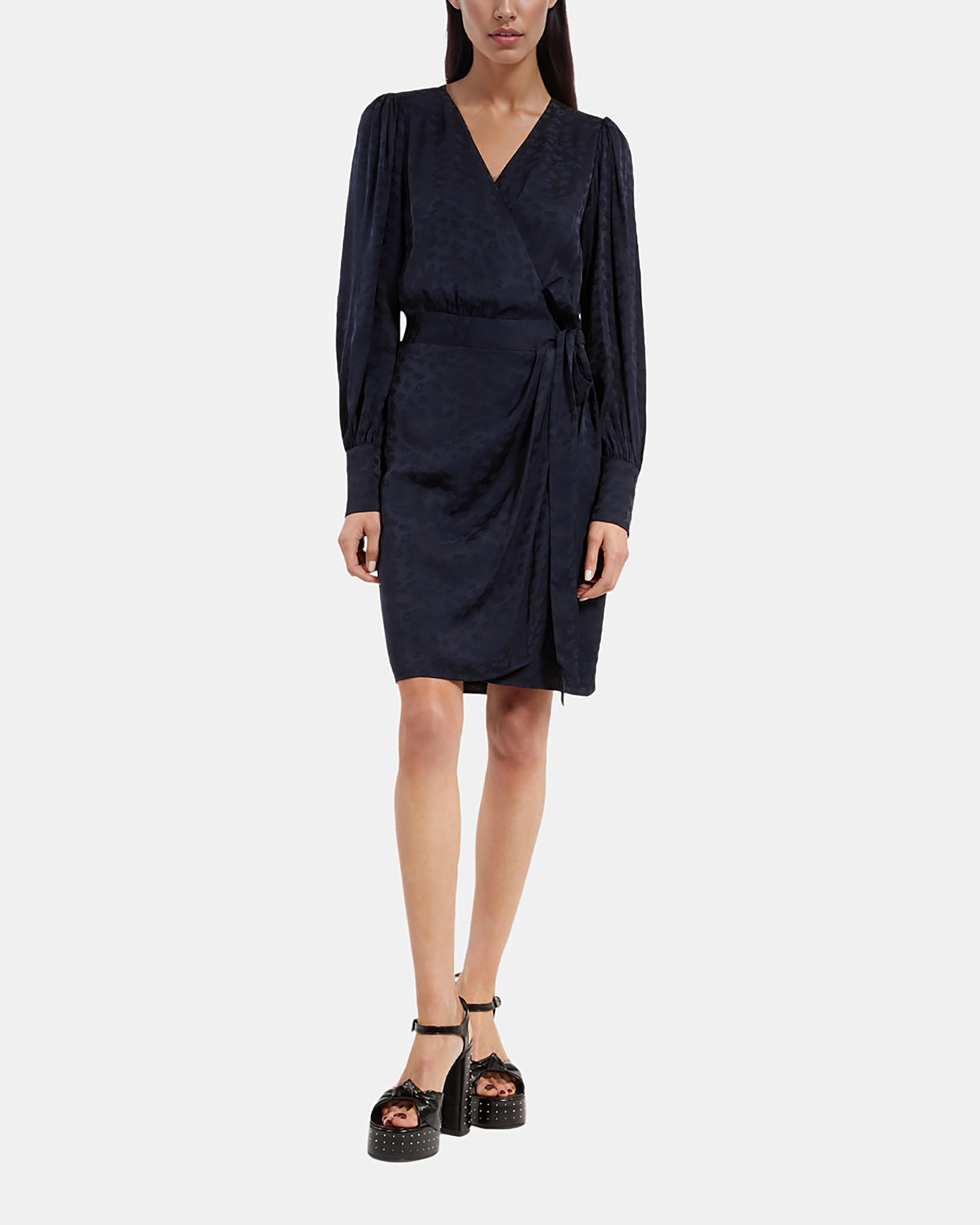 navy blue wrap dress short Navy Wrap Over Belted Skater Dress With Short Sleeves