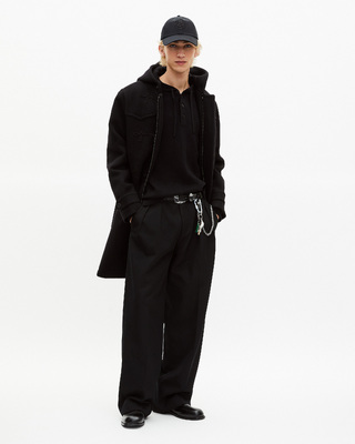Long black wool coat with Brandenburg closure