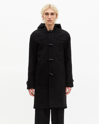 Long black wool coat with Brandenburg closure
