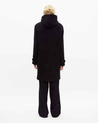 Long black wool coat with Brandenburg closure