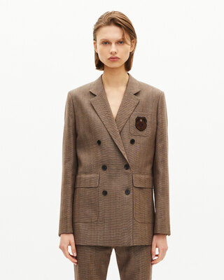 Double-breasted wool suit jacket with camel coat of arms