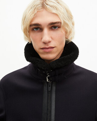Navy wool jacket with sherpa collar