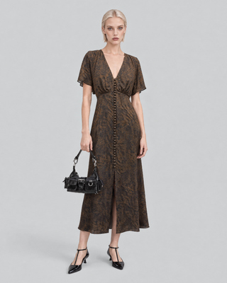 Vestido largo con estampado de leopardo marr&oacute;n