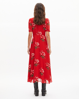 Maxivestido rojo con estampado floral