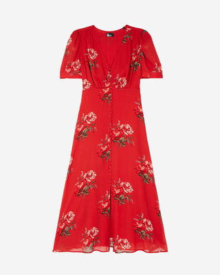 Maxivestido rojo con estampado floral