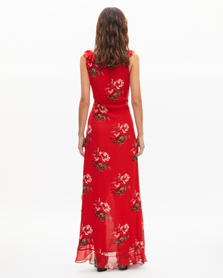 Maxi vestido rojo con estampado floral y volantes