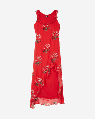 Maxi vestido rojo con estampado floral y volantes