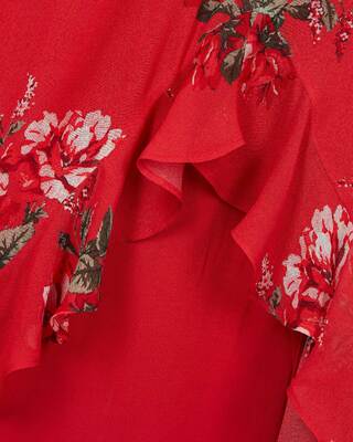 Maxi vestido rojo con estampado floral y volantes