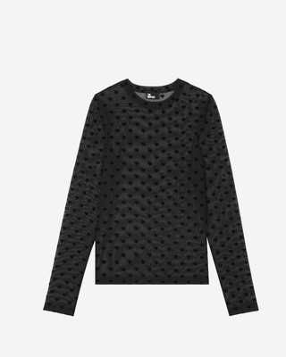 Camiseta de manga larga de malla flocada con corazones negros
