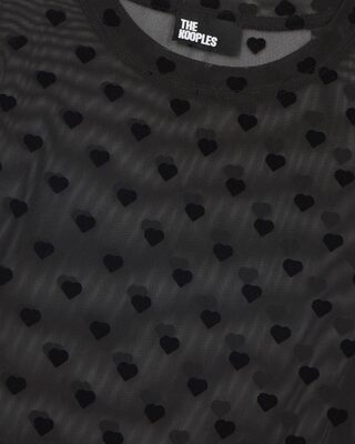 Camiseta de manga larga de malla flocada con corazones negros