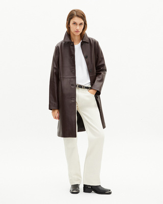 Manteau long en cuir bordeaux