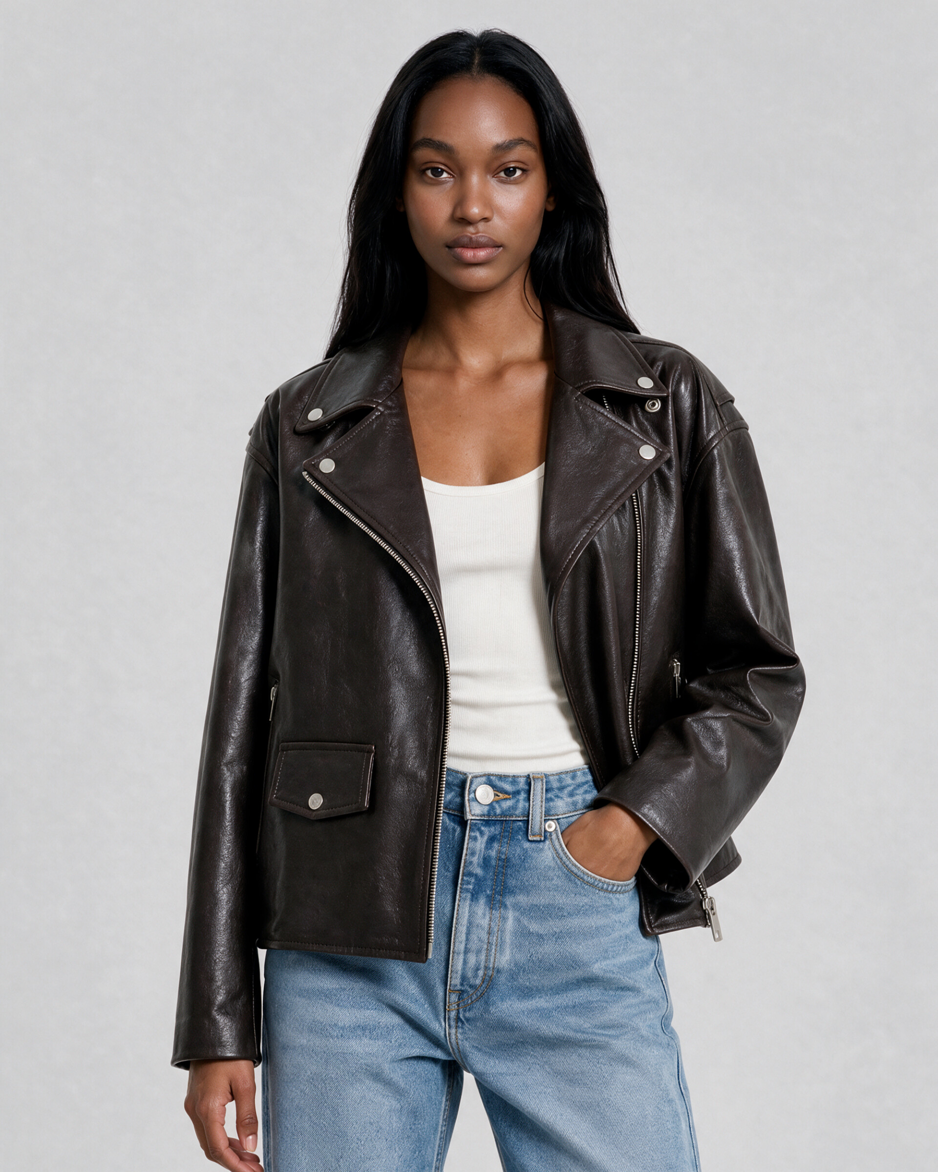 Blouson en cuir marron