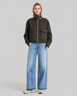 Blouson col montant en laine marron