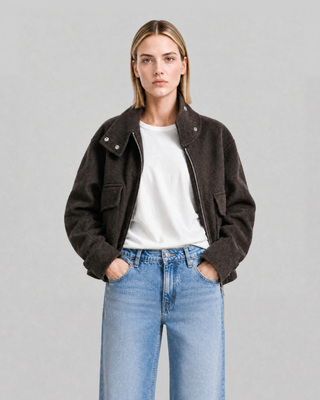 Blouson col montant en laine marron