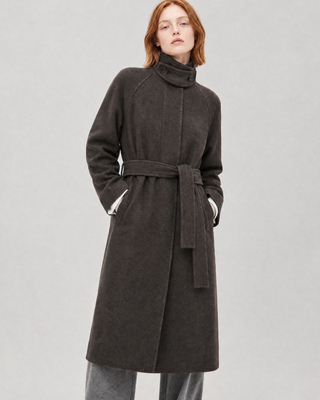 Manteau col montant en laine m&eacute;lang&eacute;e marron