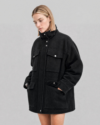 Manteau en laine m&eacute;lang&eacute;e double face col montant noir