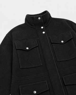 Manteau en laine m&eacute;lang&eacute;e double face col montant noir