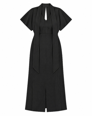 Robe longue col lavalli&egrave;re en satin marron