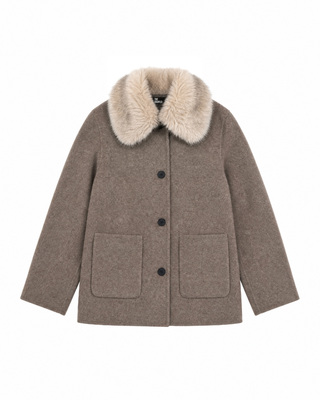 Manteau en laine m&eacute;lang&eacute;e avec col fausse fourrure beige