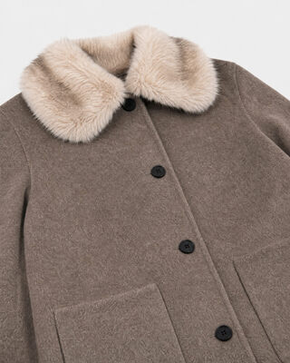 Manteau en laine m&eacute;lang&eacute;e avec col fausse fourrure beige