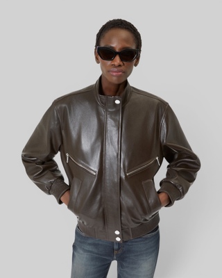 Blouson zipp&eacute; en cuir marron